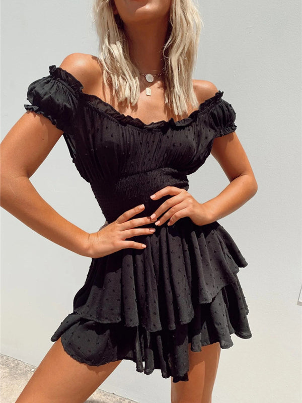 Smocked Waist Mini Dress with Pleated Sleeves and Ruffled Hem Mini Dresses MyDresses Black 8 | S 