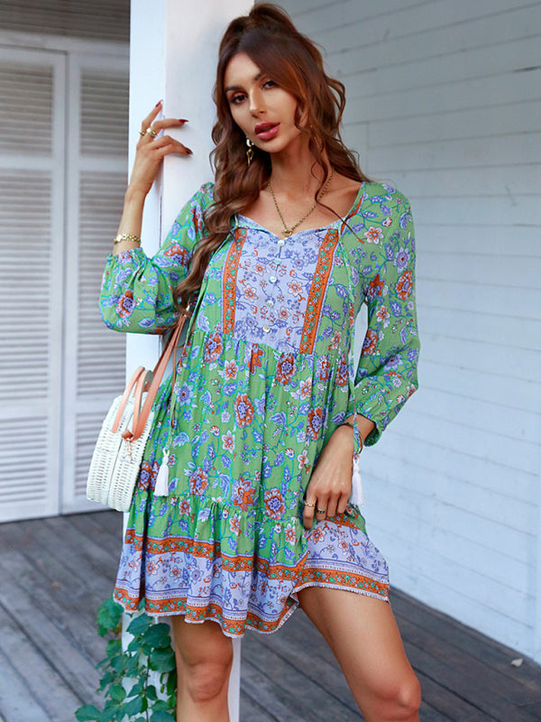 Bohemian Floral Print Dress with V-Neck and Tiered Skirt Mini Dresses MyDresses 