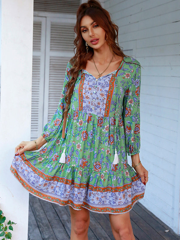 Bohemian Floral Print Dress with V-Neck and Tiered Skirt Mini Dresses MyDresses Green 8 | S 