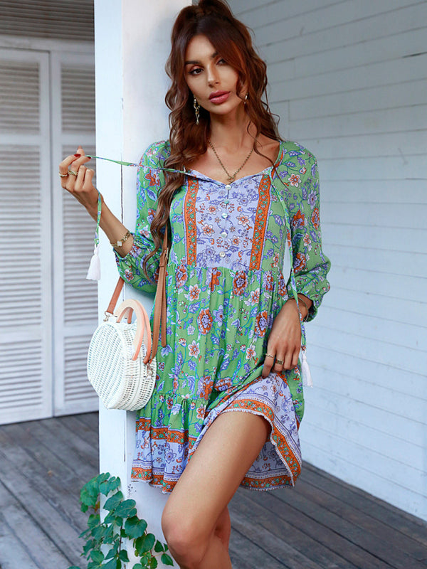 Bohemian Floral Print Dress with V-Neck and Tiered Skirt Mini Dresses MyDresses 