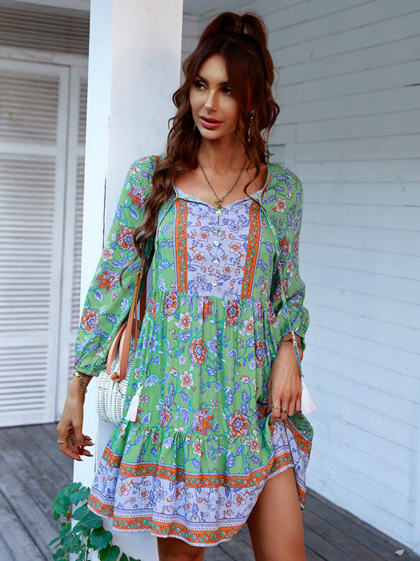 Bohemian Floral Print Dress with V-Neck and Tiered Skirt Mini Dresses MyDresses 