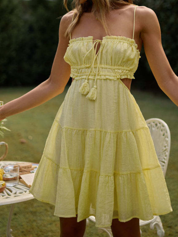 Backless Mini Dress with Lace Detail and Ruched Bodice Mini Dresses MyDresses Yellow 8 | S 