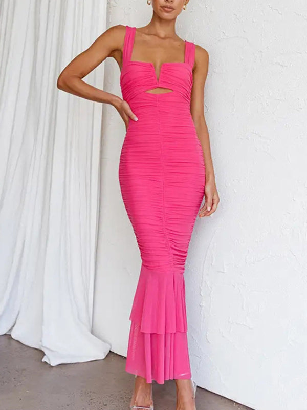 Fishtail Dress with Pleated Design and V-Neck Cutout Maxi Dresses MyDresses Pink 8 | S 