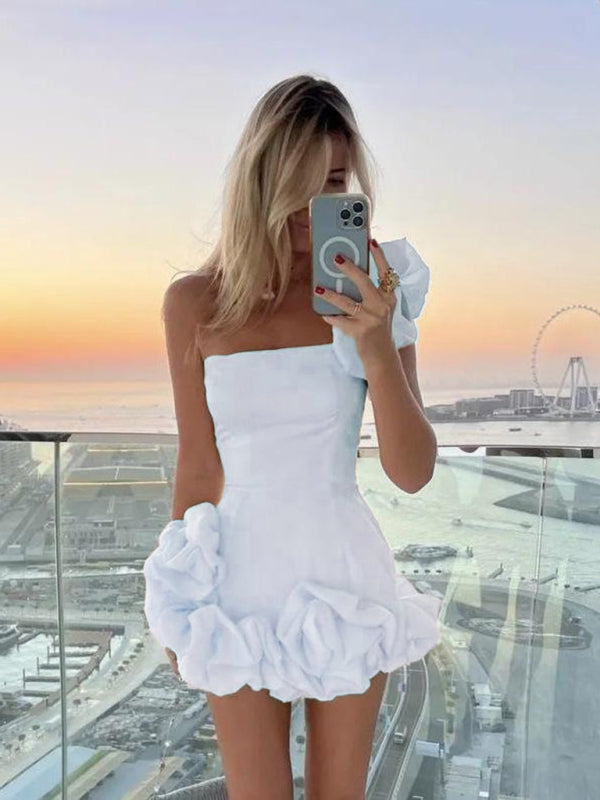 One-Shoulder Mini Dress with Ruffled Hem and Slim Fit Mini Dresses MyDresses White 8 | S 