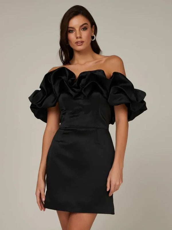 Ruffled Neckline Off-Shoulder Mini Dress with Fitted Silhouette Mini Dresses MyDresses Black 6 | XS 