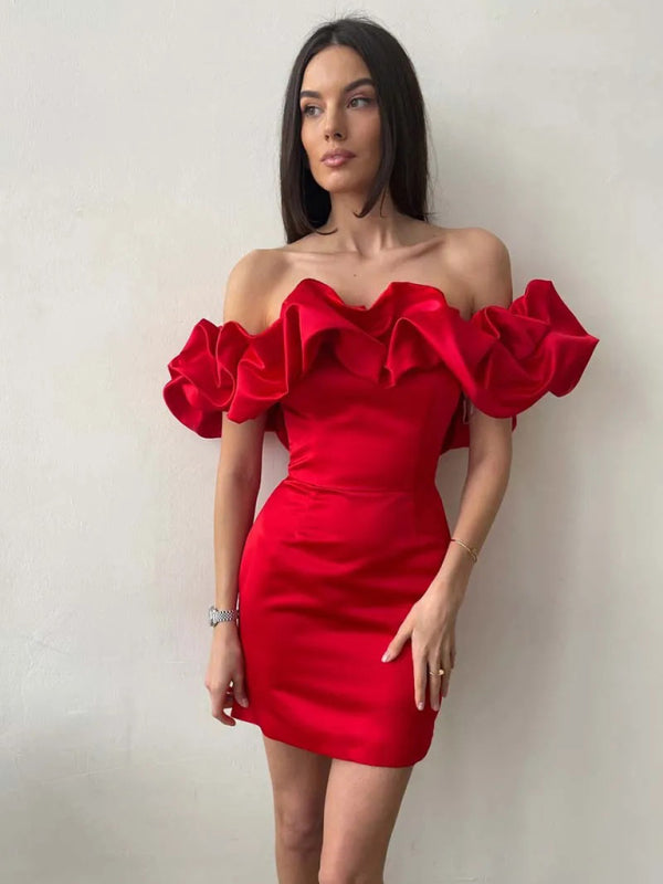 Ruffled Neckline Off-Shoulder Mini Dress with Fitted Silhouette Mini Dresses MyDresses Red 6 | XS 