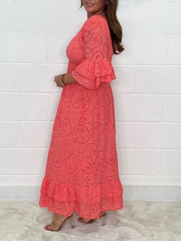 Eyelet Pattern Maxi Dress with Bell Sleeves and Ruffle Hem Mini Dresses MyDresses 