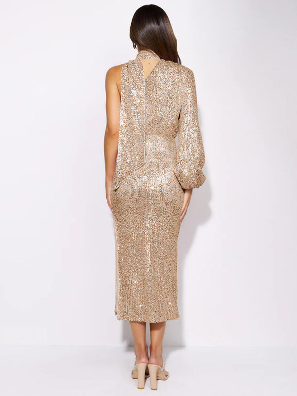 One-Shoulder Sequin Midi Dress with Slit and Long Sleeve Midi Dresses MyDresses 