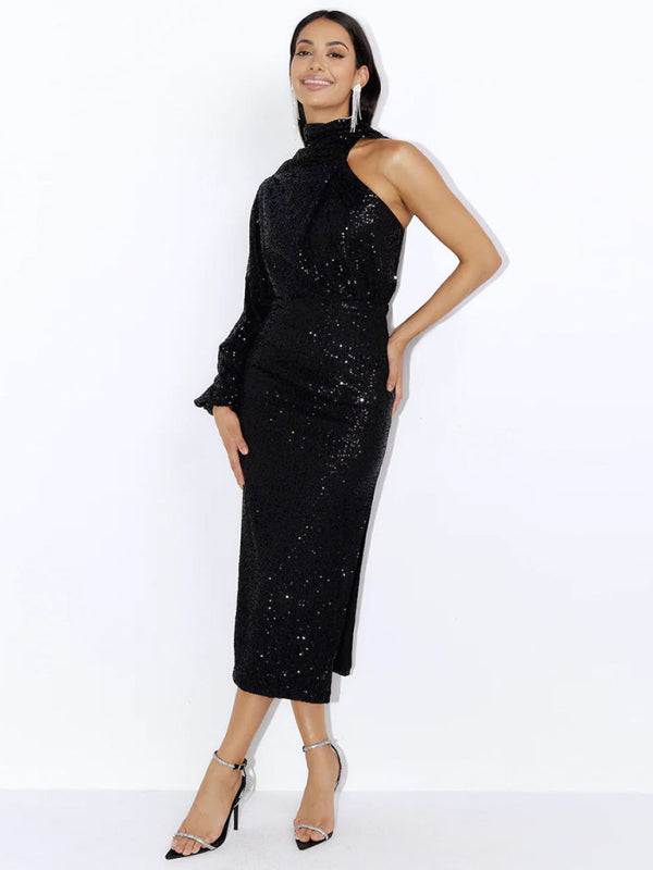 One-Shoulder Sequin Midi Dress with Slit and Long Sleeve Midi Dresses MyDresses 