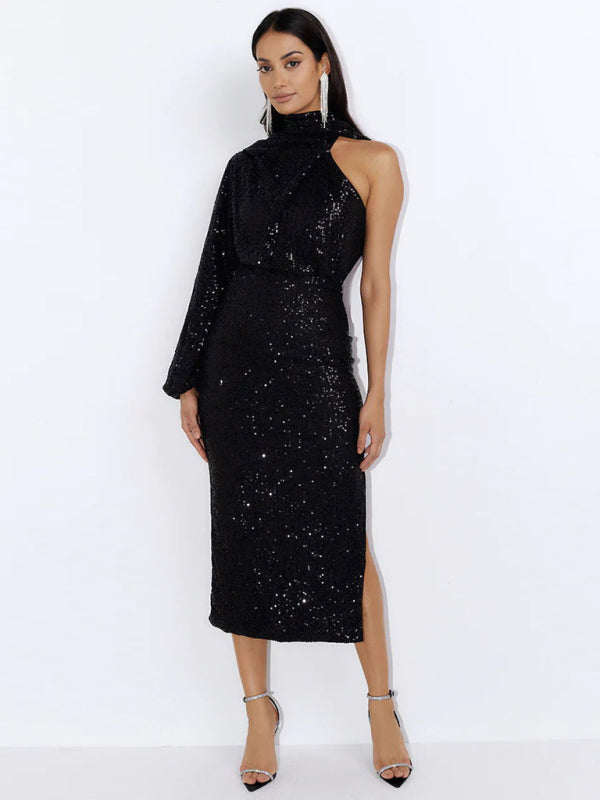 One-Shoulder Sequin Midi Dress with Slit and Long Sleeve Midi Dresses MyDresses Black 8 | S 