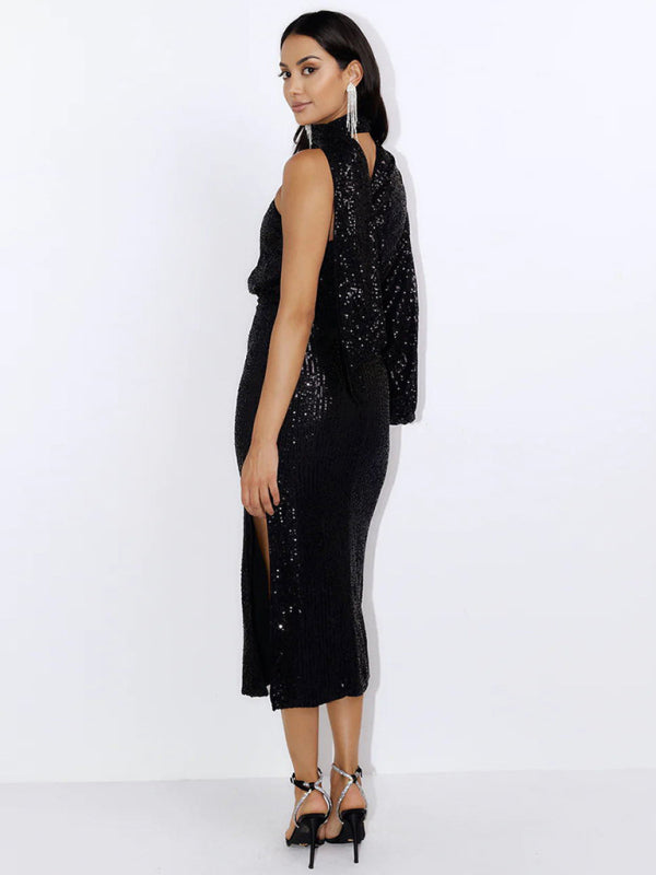 One-Shoulder Sequin Midi Dress with Slit and Long Sleeve Midi Dresses MyDresses 