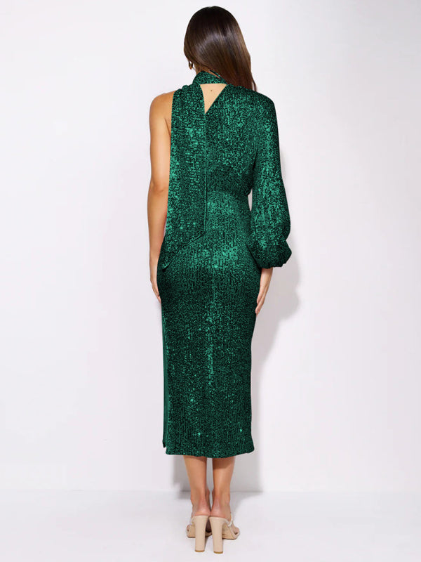 One-Shoulder Sequin Midi Dress with Slit and Long Sleeve Midi Dresses MyDresses 