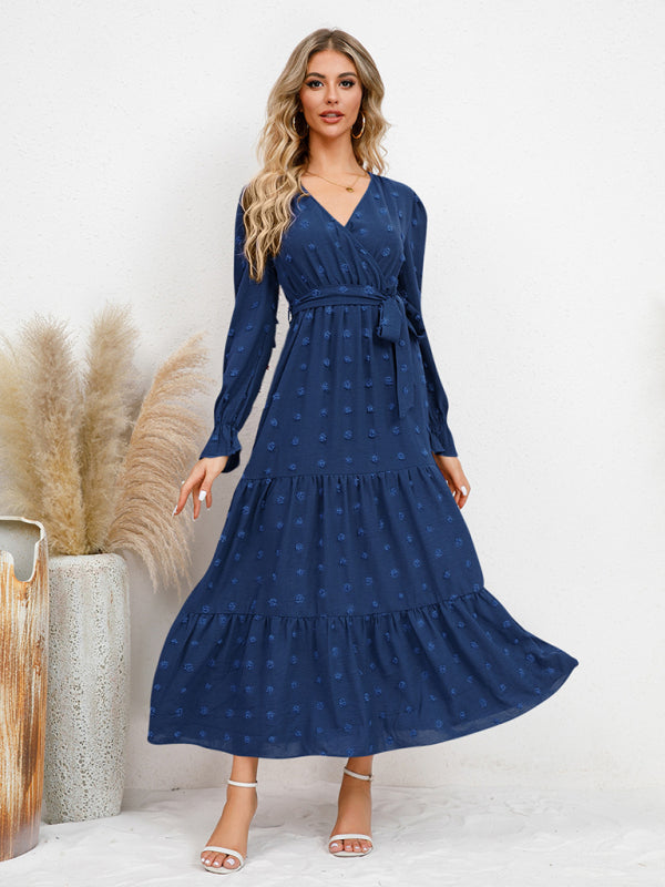 Textured Pattern Maxi Dress with Belted Waist and Tiered Hem Maxi Dresses MyDresses Blue 8 | S 