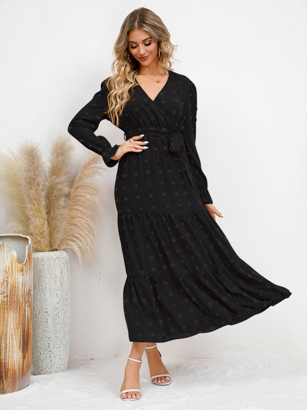 Textured Pattern Maxi Dress with Belted Waist and Tiered Hem Maxi Dresses MyDresses 