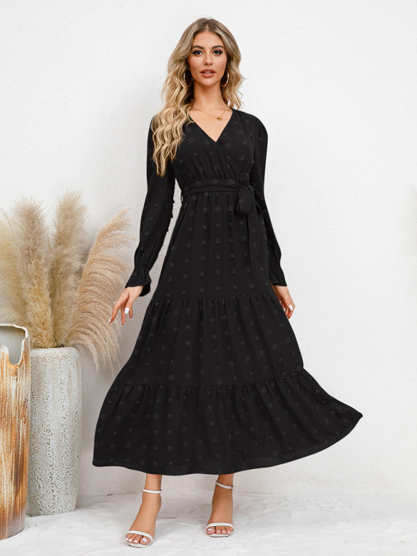 Textured Pattern Maxi Dress with Belted Waist and Tiered Hem Maxi Dresses MyDresses Black 8 | S 