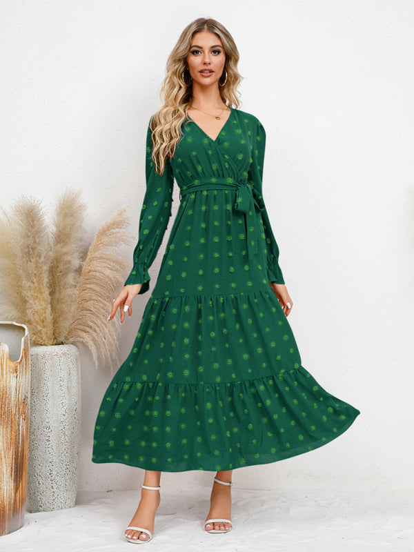 Textured Pattern Maxi Dress with Belted Waist and Tiered Hem Maxi Dresses MyDresses Green 8 | S 