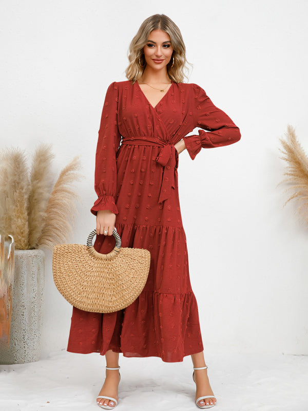 Textured Pattern Maxi Dress with Belted Waist and Tiered Hem Maxi Dresses MyDresses 