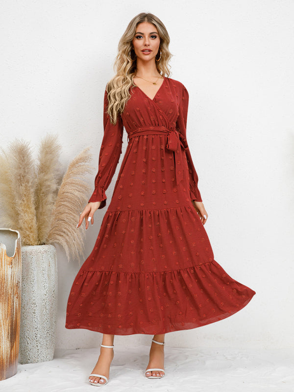 Textured Pattern Maxi Dress with Belted Waist and Tiered Hem Maxi Dresses MyDresses Red Orange 8 | S 