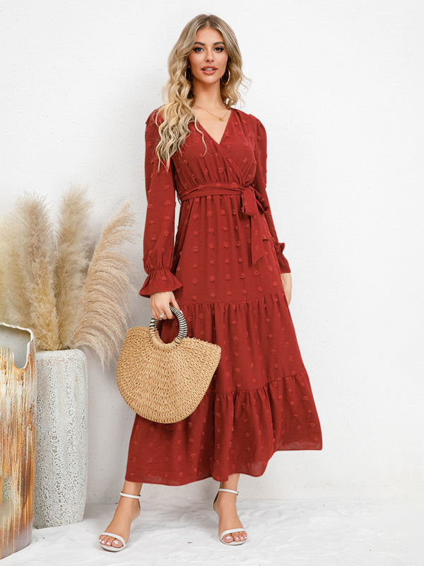 Textured Pattern Maxi Dress with Belted Waist and Tiered Hem Maxi Dresses MyDresses 