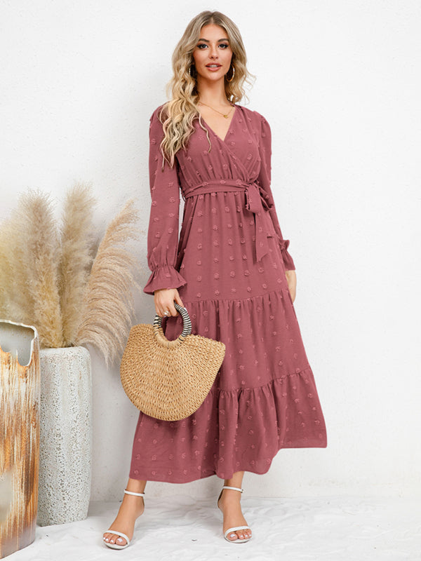 Textured Pattern Maxi Dress with Belted Waist and Tiered Hem Maxi Dresses MyDresses 