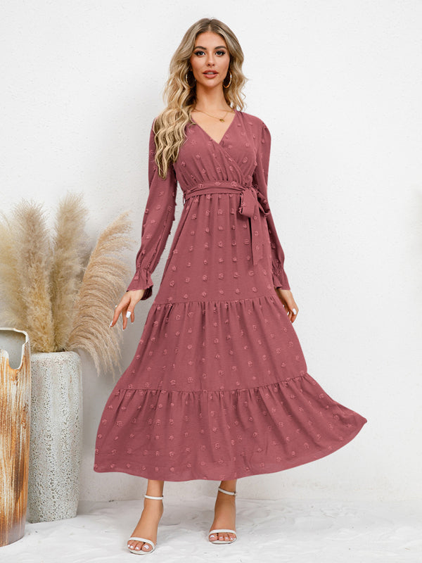 Textured Pattern Maxi Dress with Belted Waist and Tiered Hem Maxi Dresses MyDresses Pink 8 | S 