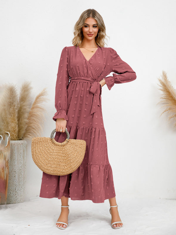 Textured Pattern Maxi Dress with Belted Waist and Tiered Hem Maxi Dresses MyDresses 