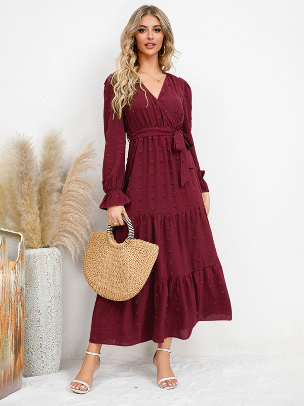 Textured Pattern Maxi Dress with Belted Waist and Tiered Hem Maxi Dresses MyDresses Red 8 | S 