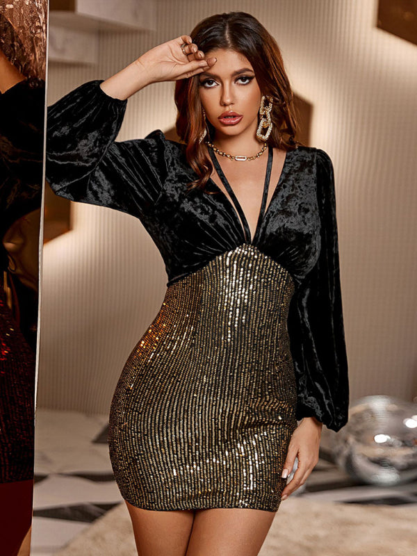 Sequin Bodycon Mini Dress with Velvet Long Sleeves and Halter Strap Mini Dresses MyDresses 