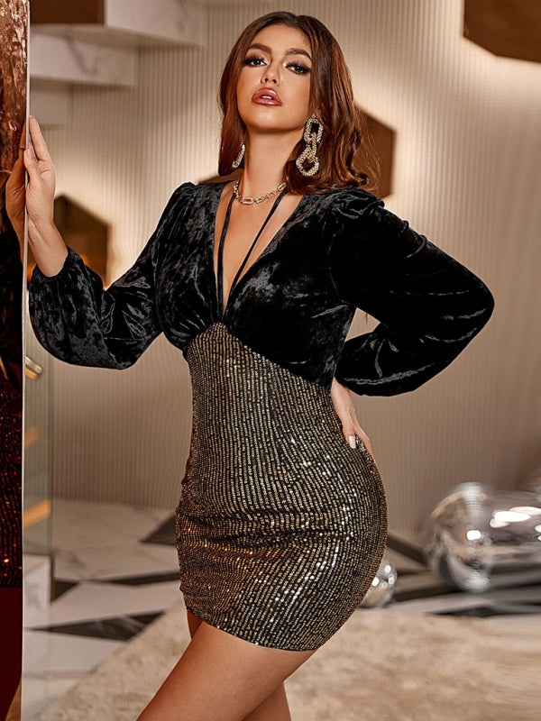 Sequin Bodycon Mini Dress with Velvet Long Sleeves and Halter Strap Mini Dresses MyDresses 