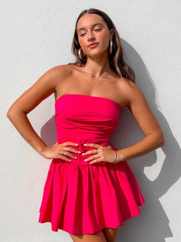 Strapless Pleated Mini Dress with Flared Skirt Mini Dresses MyDresses Rose 8 | S 