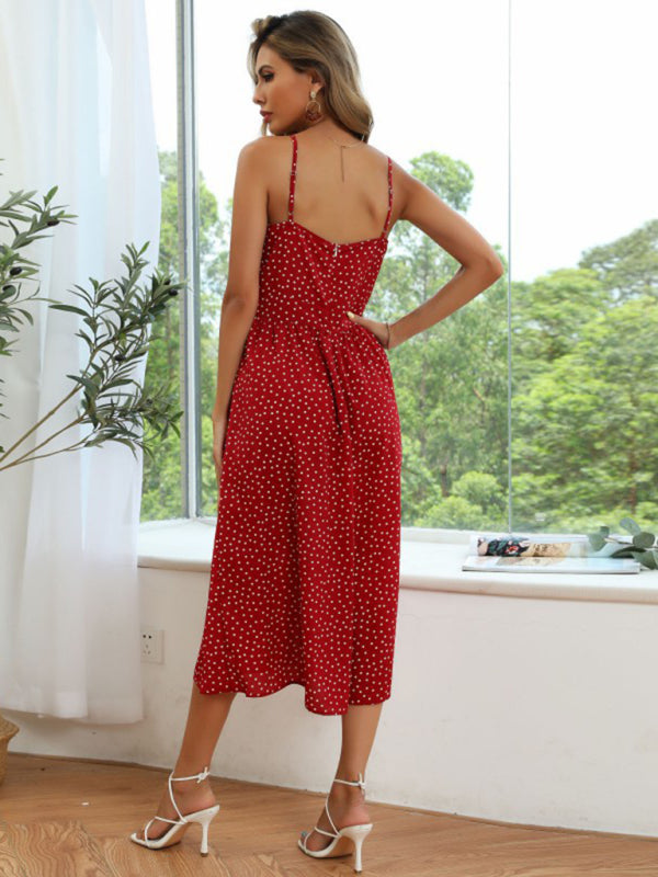 Polka Dot A-Line Dress with Lace-Up Bow and Button Front Midi Dresses MyDresses 