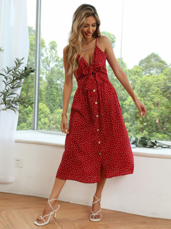 Polka Dot A-Line Dress with Lace-Up Bow and Button Front Midi Dresses MyDresses 