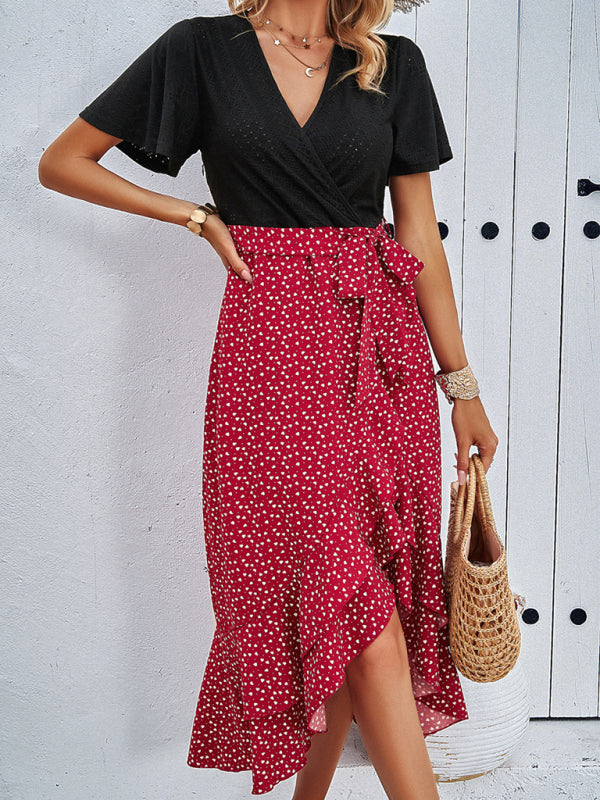 Polka Dot V-neck Midi Dress with Belted Waist and Ruffle Skirt Midi Dresses MyDresses Red 8 | S 