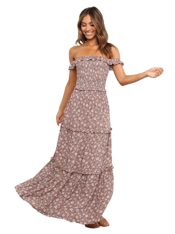 Bust-Wrapped Maxi Dress with Off-Shoulder Floral Print Maxi Dresses MyDresses Brown 8 | S 