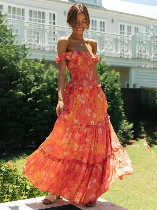 Bust-Wrapped Maxi Dress with Off-Shoulder Floral Print Maxi Dresses MyDresses Orange 8 | S 