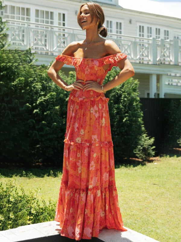 Bust-Wrapped Maxi Dress with Off-Shoulder Floral Print Maxi Dresses MyDresses 