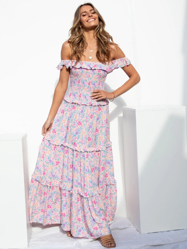 Bust-Wrapped Maxi Dress with Off-Shoulder Floral Print Maxi Dresses MyDresses Pink Purple 8 | S 