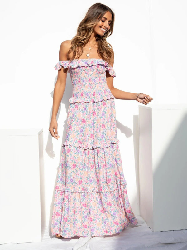 Bust-Wrapped Maxi Dress with Off-Shoulder Floral Print Maxi Dresses MyDresses 