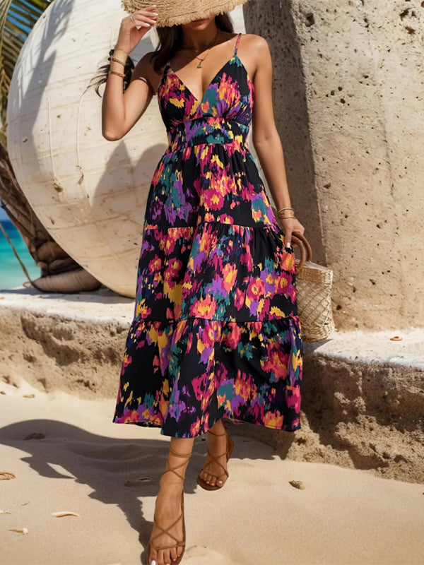 Abstract Print Maxi Dress with Spaghetti Straps and V-Neck Midi Dresses MyDresses 