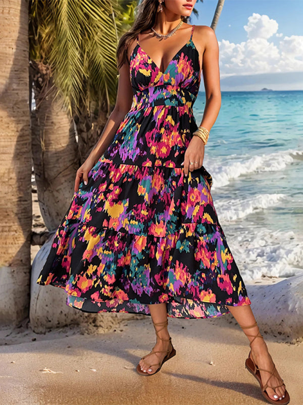 Abstract Print Maxi Dress with Spaghetti Straps and V-Neck Midi Dresses MyDresses 