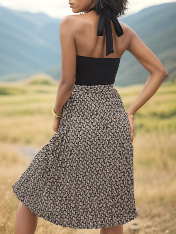 Cross Neck Halter Dress with Geometric Print and Tie Waist Midi Dresses MyDresses 