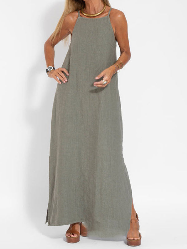 Halter Maxi Dress with Side Slit and Cotton Linen Blend Maxi Dresses MyDresses 