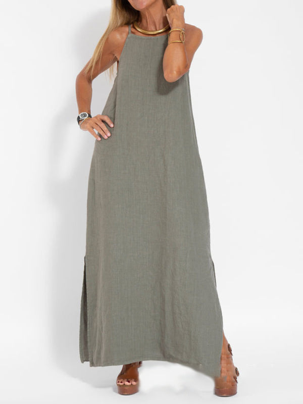 Halter Maxi Dress with Side Slit and Cotton Linen Blend Maxi Dresses MyDresses Olive Green 8 | S 