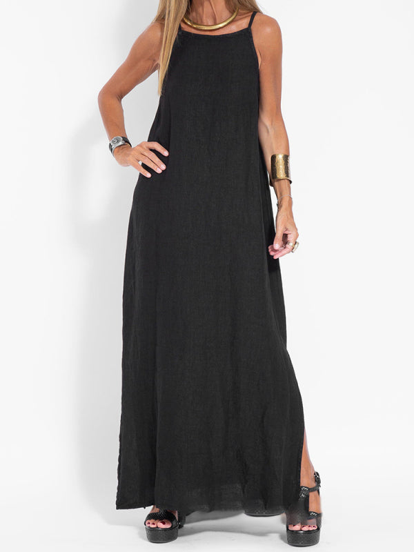 Halter Maxi Dress with Side Slit and Cotton Linen Blend Maxi Dresses MyDresses Black 8 | S 