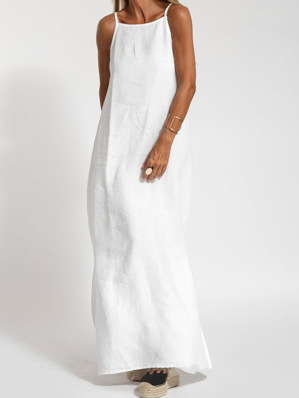 Halter Maxi Dress with Side Slit and Cotton Linen Blend Maxi Dresses MyDresses White 8 | S 