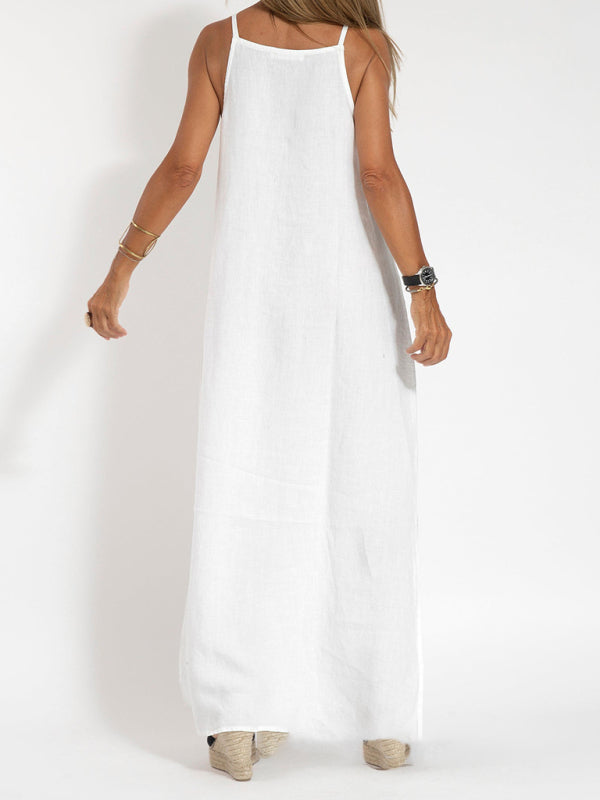 Halter Maxi Dress with Side Slit and Cotton Linen Blend Maxi Dresses MyDresses 