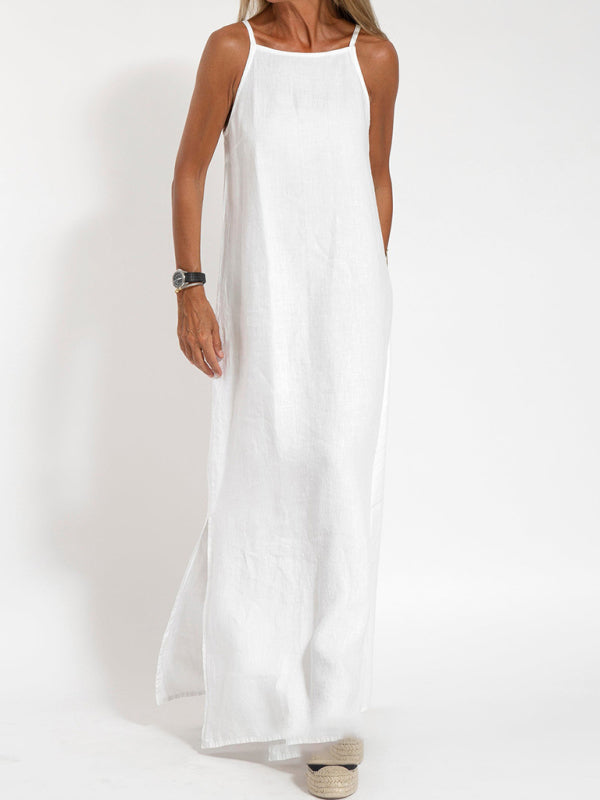 Halter Maxi Dress with Side Slit and Cotton Linen Blend Maxi Dresses MyDresses 