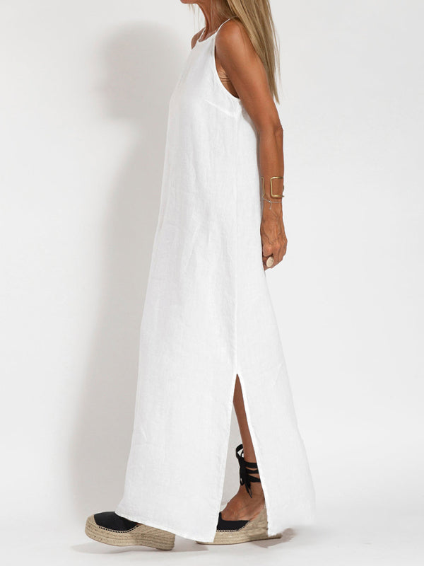 Halter Maxi Dress with Side Slit and Cotton Linen Blend Maxi Dresses MyDresses 