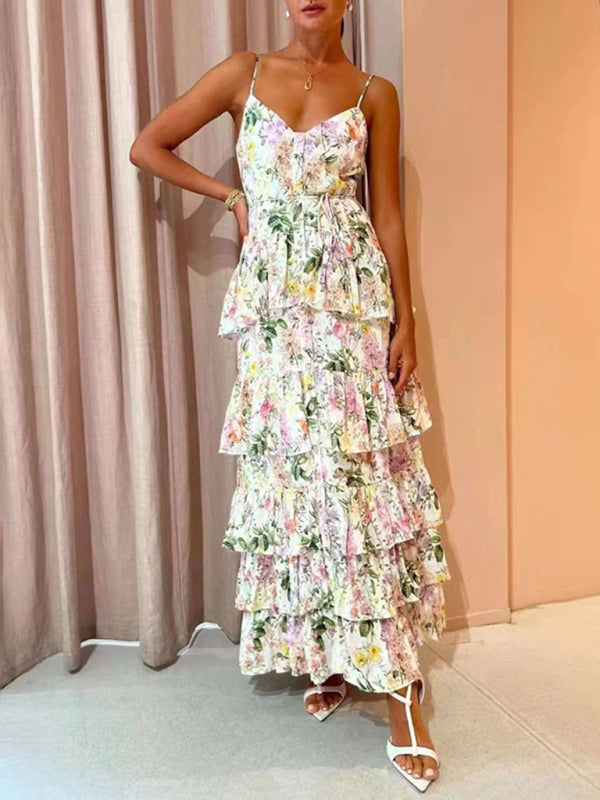 Floral Print Maxi Dress with Ruffled Tiers and Spaghetti Straps Group10 MyDresses White 8 | S