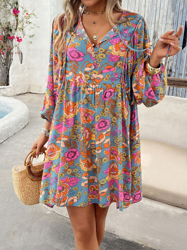 V-neck Mini Dress with Floral Print and Long Sleeves Mini Dresses MyDresses 